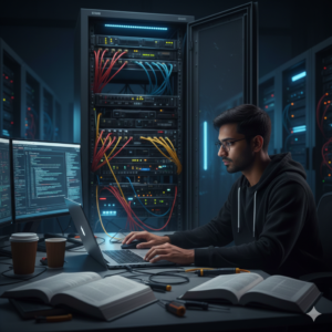 סטודנט במהלך קורס סיסטם בחדר שרתים